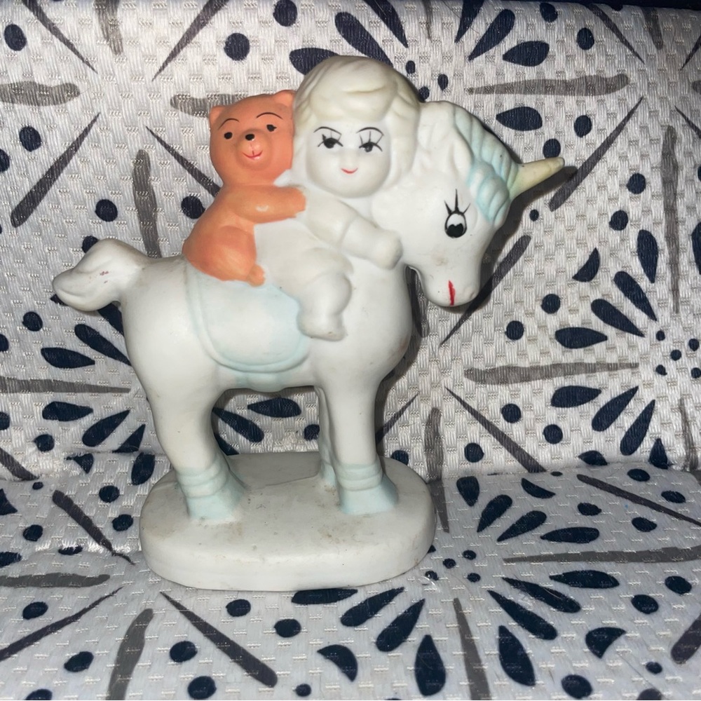 Vintage Unicorn with Girl & Bear Ceramic Figurine R.O.C.